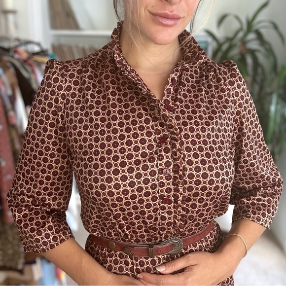 Vintage 70s Dress Geometric Ruffle Victorian Collar Maroon Medium Large - Picture 4 of 6